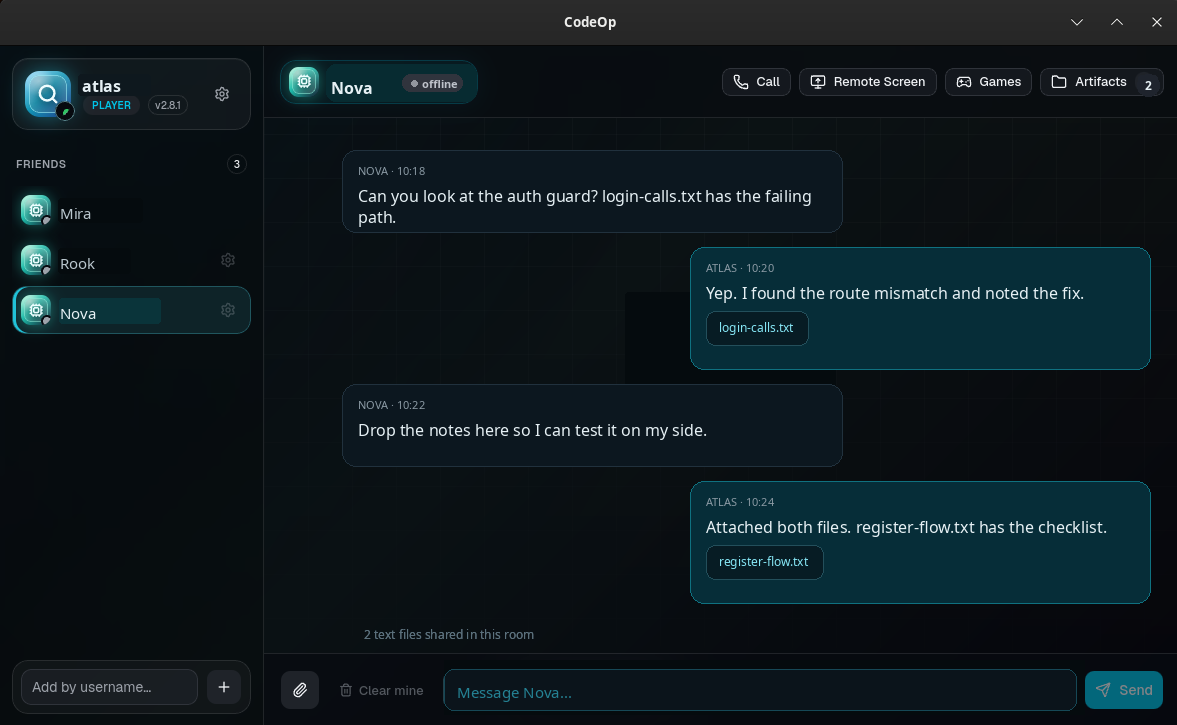 Anonymized CodeOp game testing room screenshot