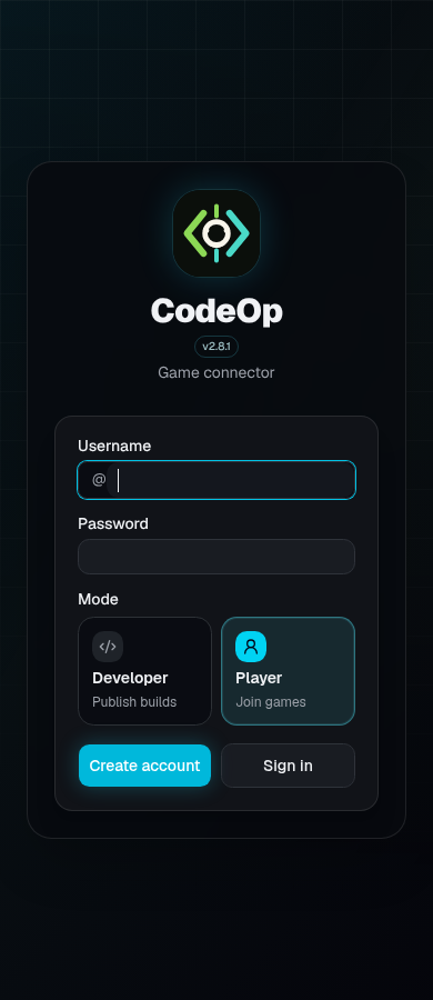 CodeOp mobile-width app screenshot